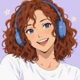 A flat anime avatar with auburn curls and blue headphones