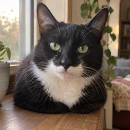 木の窓辺にいる白黒の猫